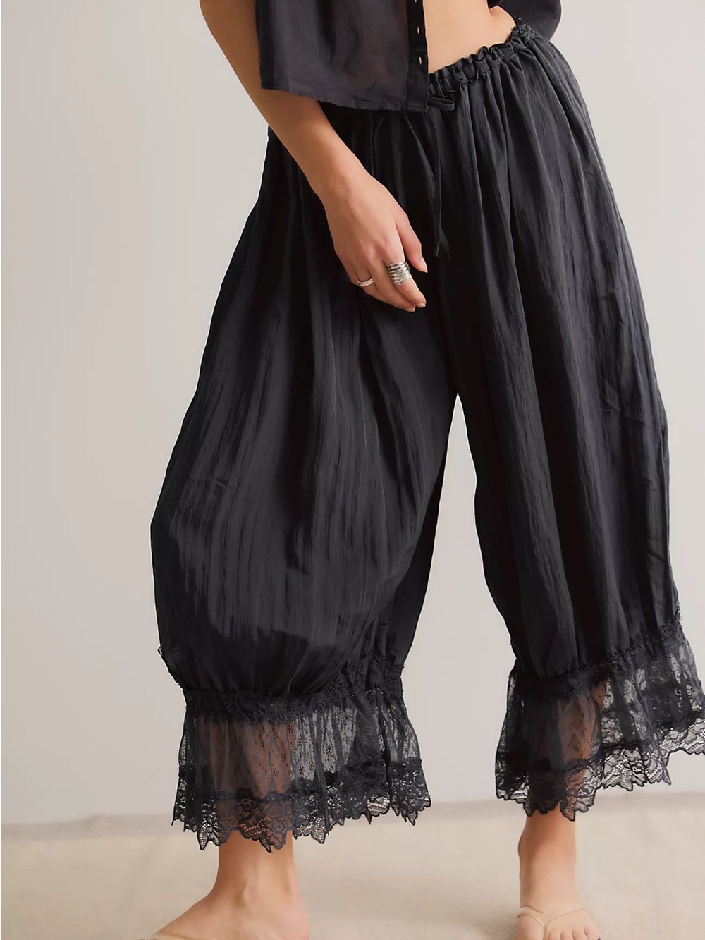 Free People. Ebony Cropped Lace-Trim Harem Pants. Machine Wash. LG.,